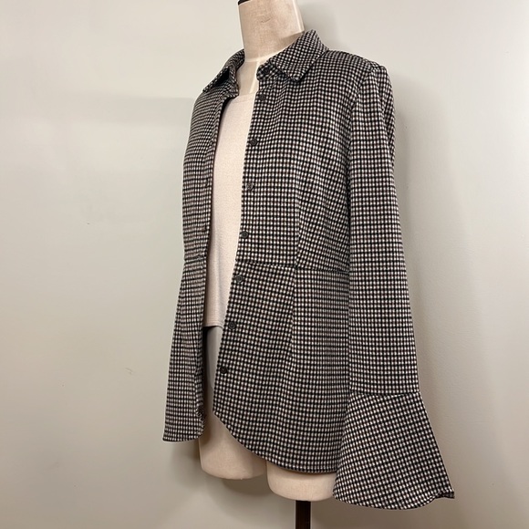 Simons Icone Long sleeve shirt jacket flared sleeves brown plaid Womens Medium - Picture 6 of 11